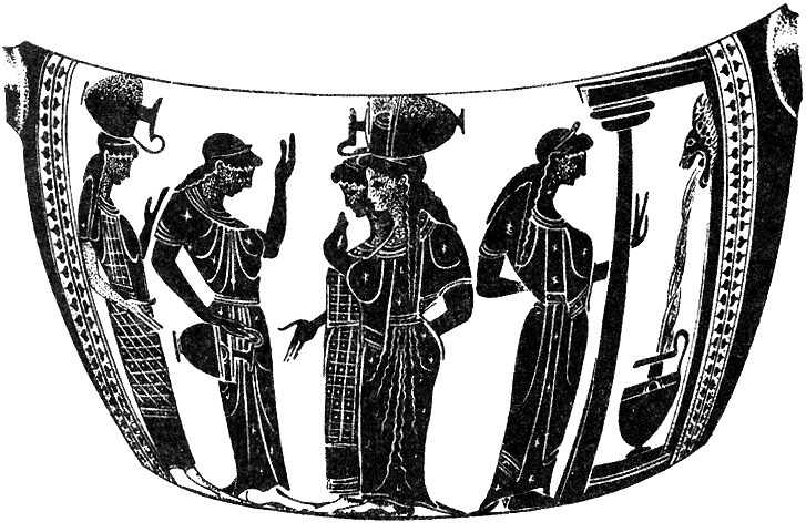 Наби­раю­щие воду девуш­ки с гид­ри­я­ми перед бюве­том Кал­ли­крен­ско­го источ­ни­ка (рису­нок на вазе из Вуль­чи; Лон­дон).